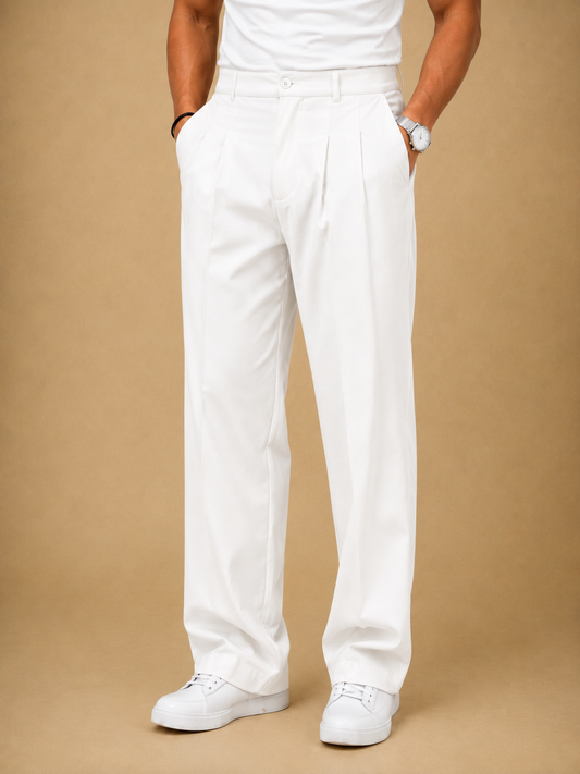White Pleated Wide-Leg Trousers