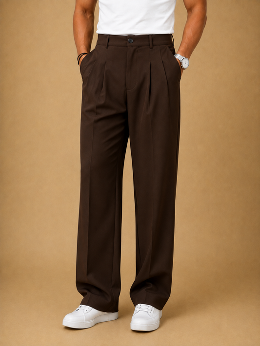 Brown Pleated Wide-Leg Trousers